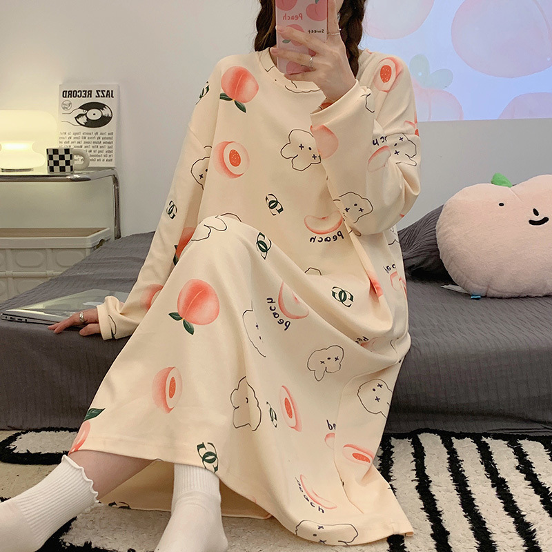 대형 사이즈 2-300 캐티 롱 나이트드레스 여성 봄 가을 긴팔 학생 줄무늬 귀여운 뚱뚱한 느슨한 임산부 파자마 260