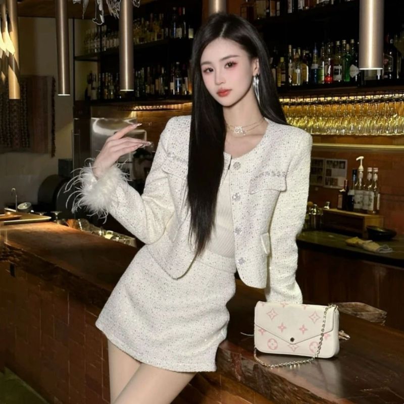 高级感名媛拼接外套高腰半身裙两件套女春秋新款时尚显瘦气质套装|undefined
