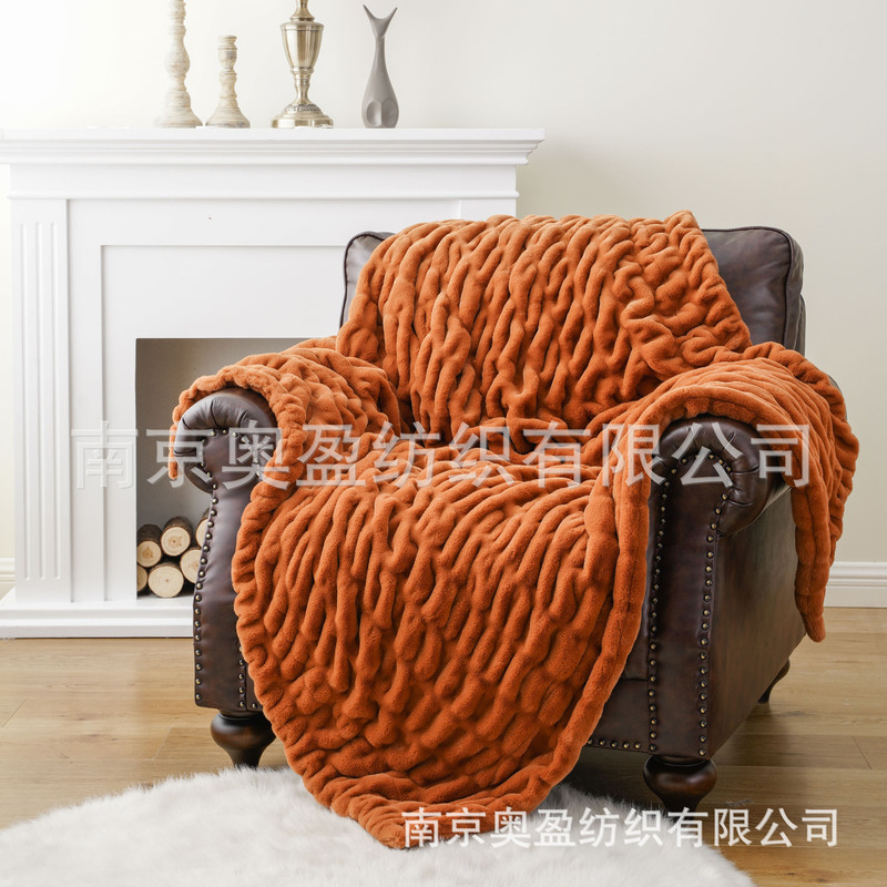 亚马逊毛毯双面加厚仿兔毛提花竹节毛毯AB面兔毛绒毯家居沙发盖毯|undefined