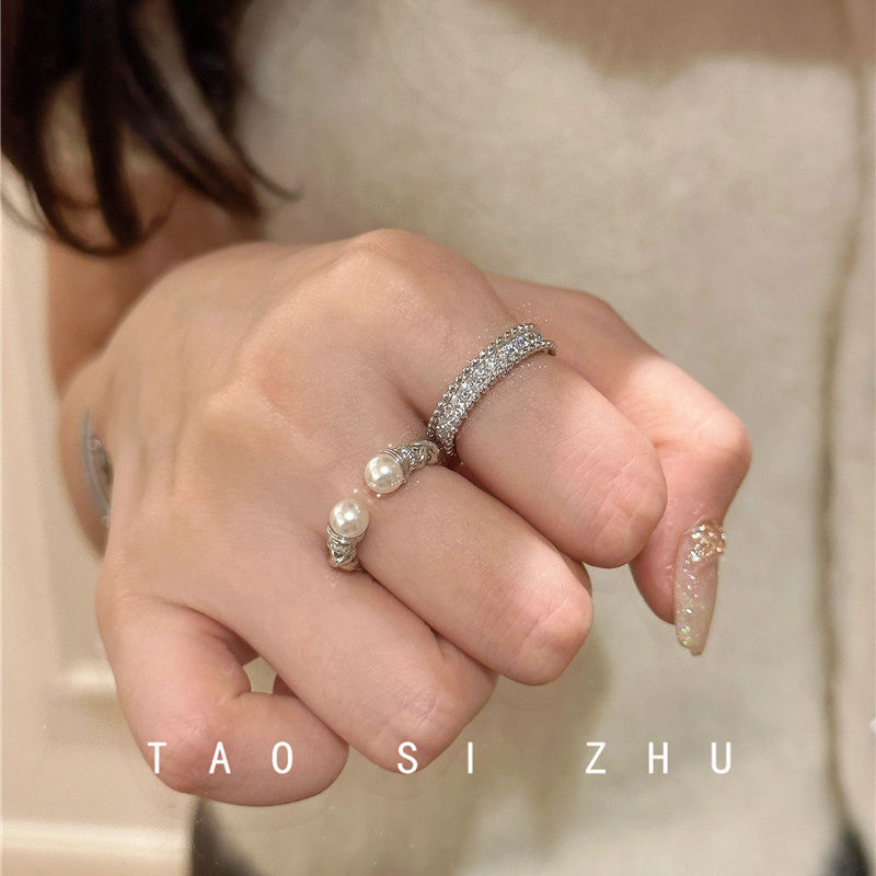 High-grade elegant twist Pearl open ring autumn and winter light luxury fashion full diamond wide ring