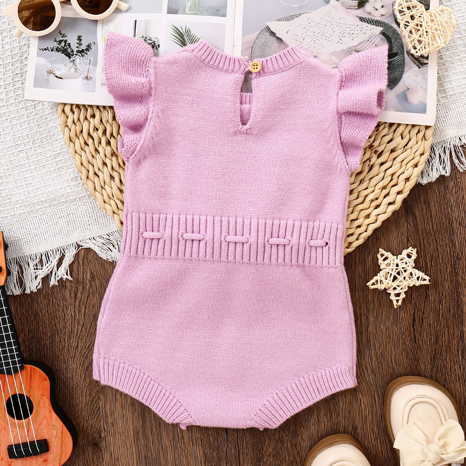 Baby Girl Flounced Sleeve Letters Flower Embroidery Lace Button Romper