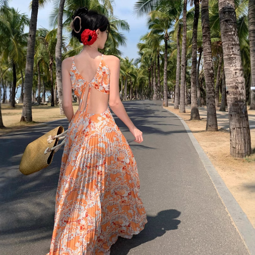 Women's Hollow-out Halter Sling High Waist Slimming Printed Pleated Dress