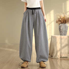 实拍  夏季长裤阔腿直筒灯笼裤哈伦裤棉麻高腰黑白格子裤
