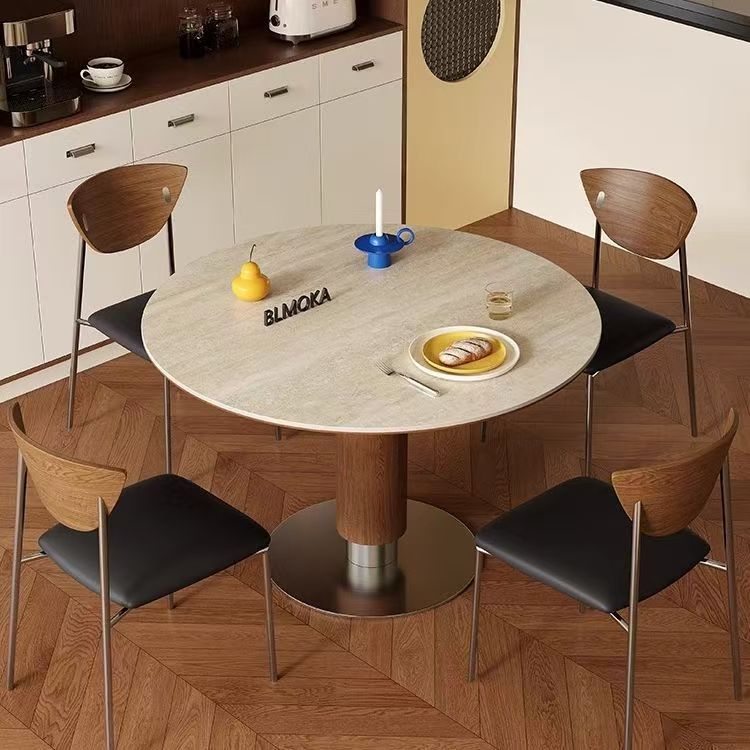 Nordic Solid Wood Travertine Round Table Japanese-Style Home Use Delifeng Small Apartment Simple Dining Table Meeting Table