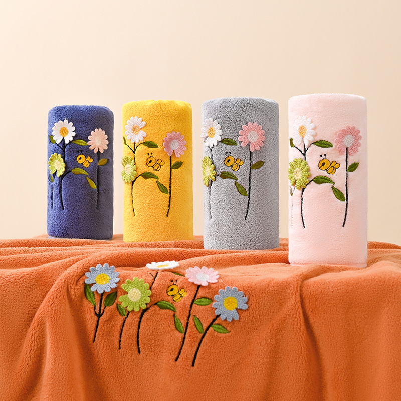 Three-Dimensional Daisy Bee Embroidery Coral Velvet Towel and Bath Towel Two-Piece Set, Absorbent Face Towel for Washing Face and Bathing, Household Face Towel Wholesale Three-Dimensional Daisy Bee Embroidery Coral Velvet Towel and Bath Towel Two-Piece Set, Absorbent Face Towel for Washing Face and Bathing, Household Face Towel Wholesale