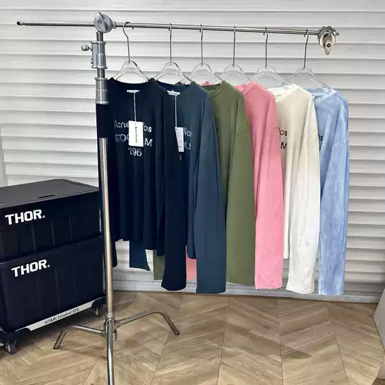 Ceiling AS1996 Logo Letter Print Tea-Dyed Washed Distressed T-Shirt Long Sleeve Crew Neck Base Layer Tee