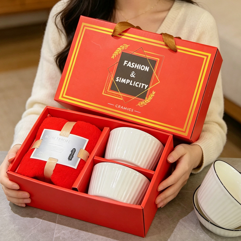 轻奢复古竖纹碗毛巾套装会销婚庆送人佳伴手礼选高颜值陶瓷碗餐具