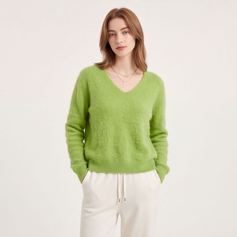 2026 Spring and Autumn New V-neck Plush Knit Sweater for Women, Avocado Green Loose Long-sleeve Pullover Sweater, Cross-border Supply 2026 Spring and Autumn New V-neck Plush Knit Sweater for Women, Avocado Green Loose Long-sleeve Pullover Sweater, Cross-border Supply