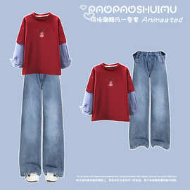 2026年款衣服儿童服装童装女童洋气韩系长袖上衣休闲牛仔裤套装潮