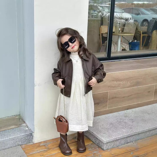 Children's leather jacket 2025 spring new small and medium children's denim jacket for girls short-sleeved leather outerwear trendy