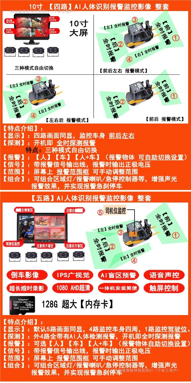 Forklift Reversing Radar, Human Body Recognition, Ai Anti-Collision System, Truck Loader Monitoring Image, Automatic Braking, Emergency Stop
