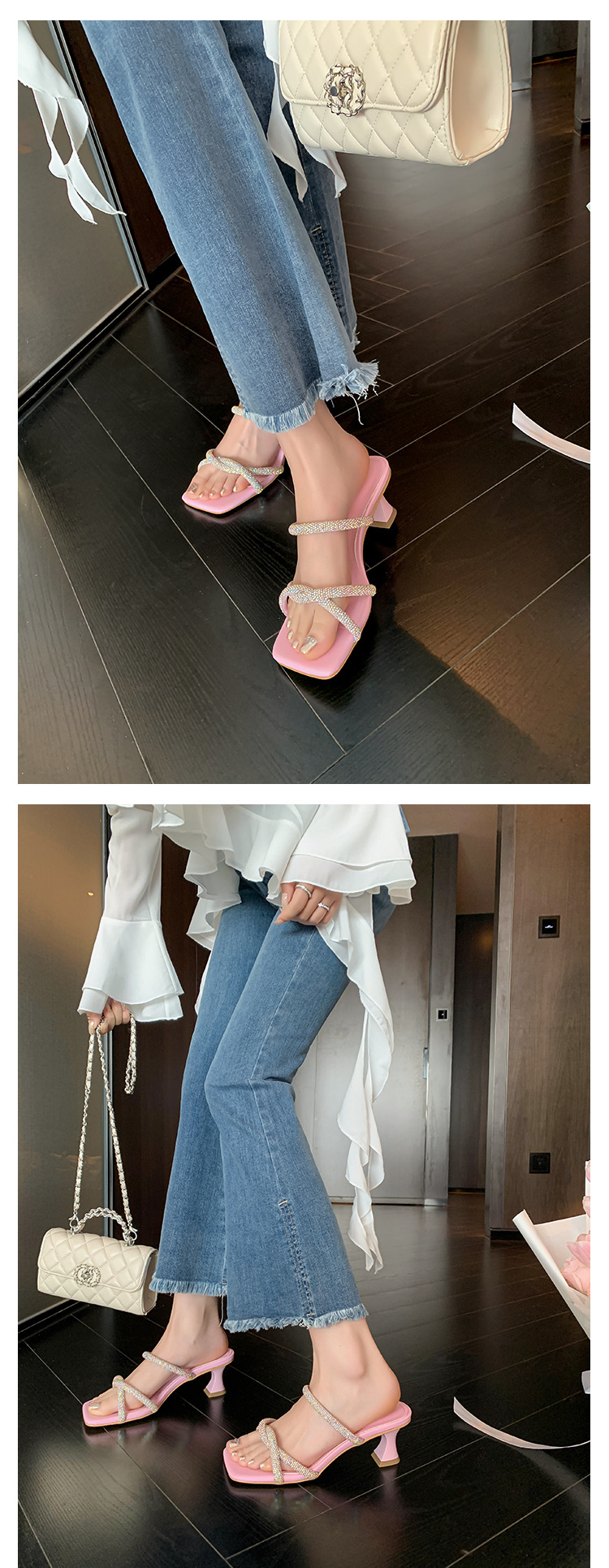 Dép sandal cao gót nữ quai mảnh đính đá mũi vuông gót dày 9 cm — đen, màu hồng, trắng chi tiết 21