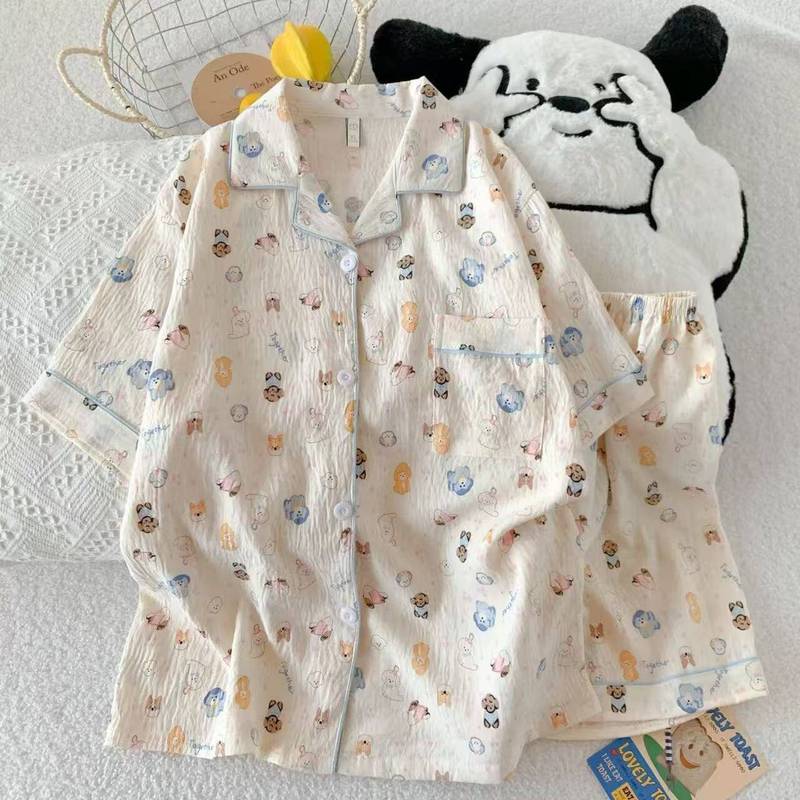 Ins風起爆パジャマ女春夏薄型雲綿シンプルアニメ半袖半ズボン家庭服セット|undefined
