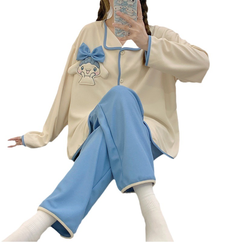 Más tamaño nuevo pijamas de las mujeres waffle algodón otoño y el invierno manga larga pequeña solapa cardigan linda chica traje hogar desgaste