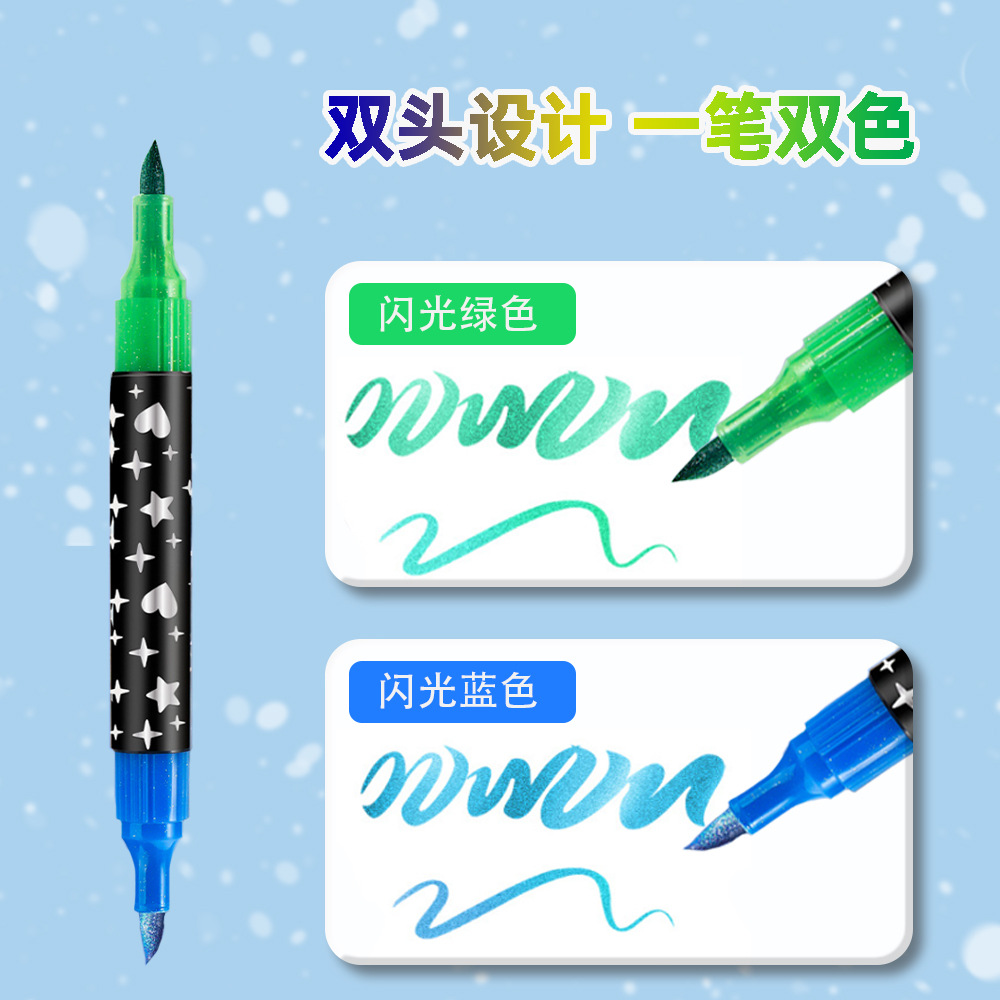 Ventas transfronterizas calientes de doble cabeza de doble color flash marcador de bolígrafo de bolígrafo blando para estudiantes de pintura graffiti bolígrafo DIY