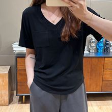 日韩休闲V领口袋T恤女2024夏季新款时尚宽松设计感甜美短袖上衣服