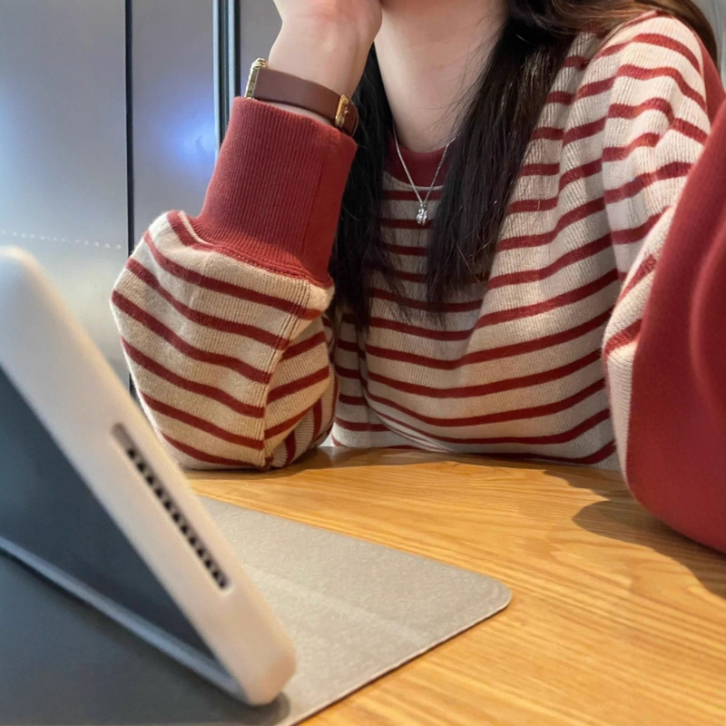 工厂批发韩系早秋新款红色条纹卫衣女慵懒高级感宽松休闲长袖上衣|undefined