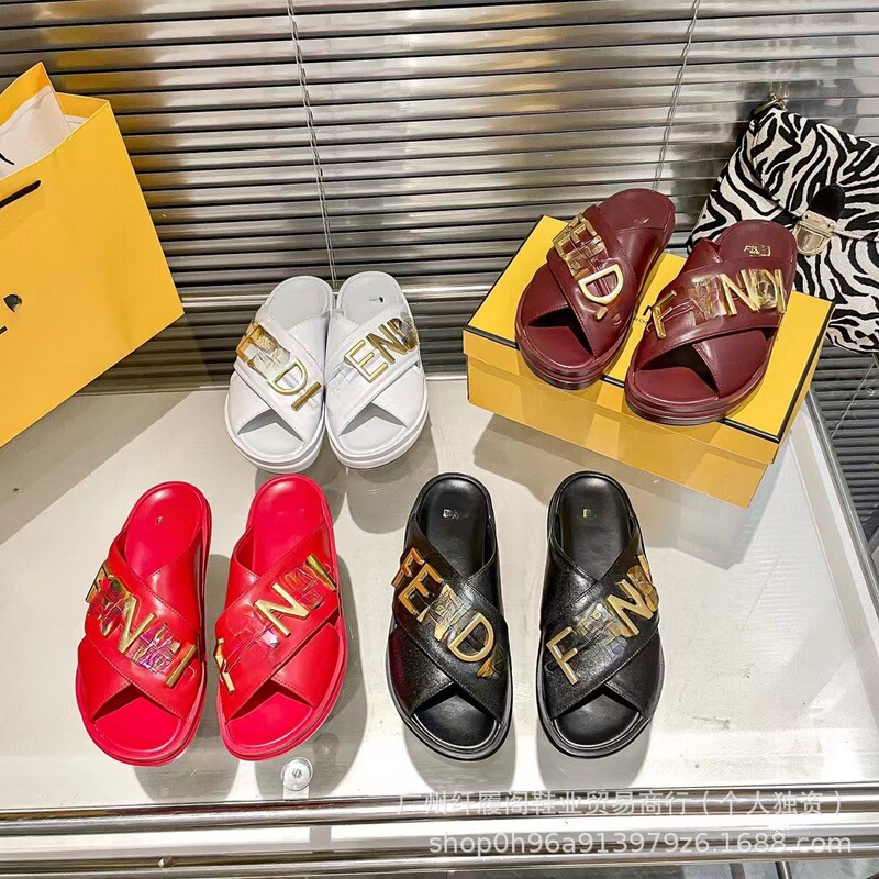 F Brand New European and American Style Metal Letter Cross Height-Increasing Slippers with a Single Strap for Women, Lazy Fashion Sandals Full Set Packaging