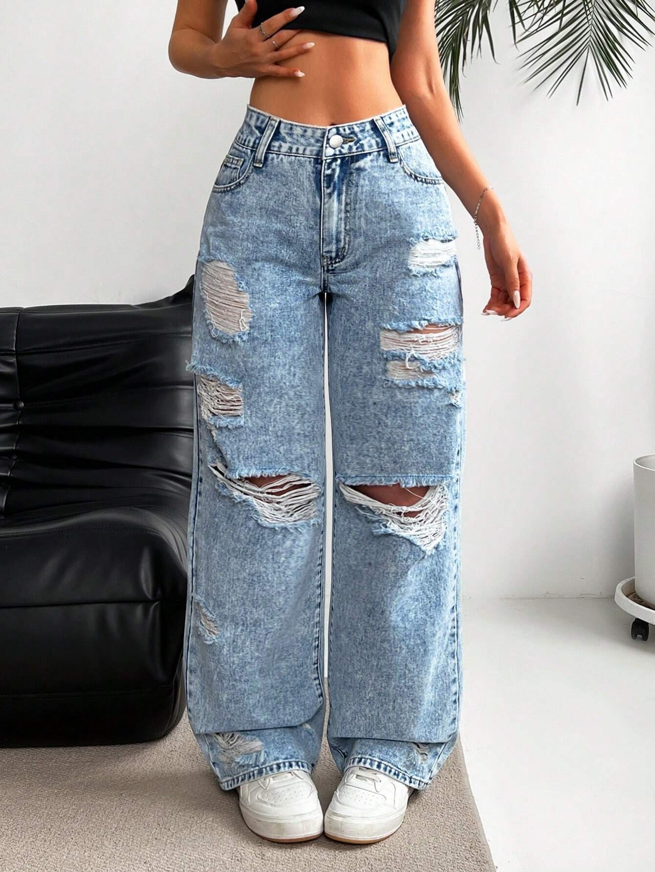 ​​Women's Relaxed Fit Straight Leg Jeans - Vintage Washed Denim, Wide Leg Comfort, Street Style Casual Pants For Everyday Wear​​_ecoleips.com