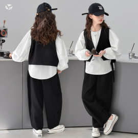 女童西服套装2026年春季新款休闲衬衫西装马甲长裤三件套中大童潮