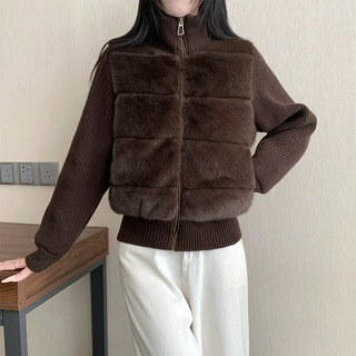 2026冬季新款针织拼接仿水貂毛棉服时尚百搭洋气简约保暖女士外套