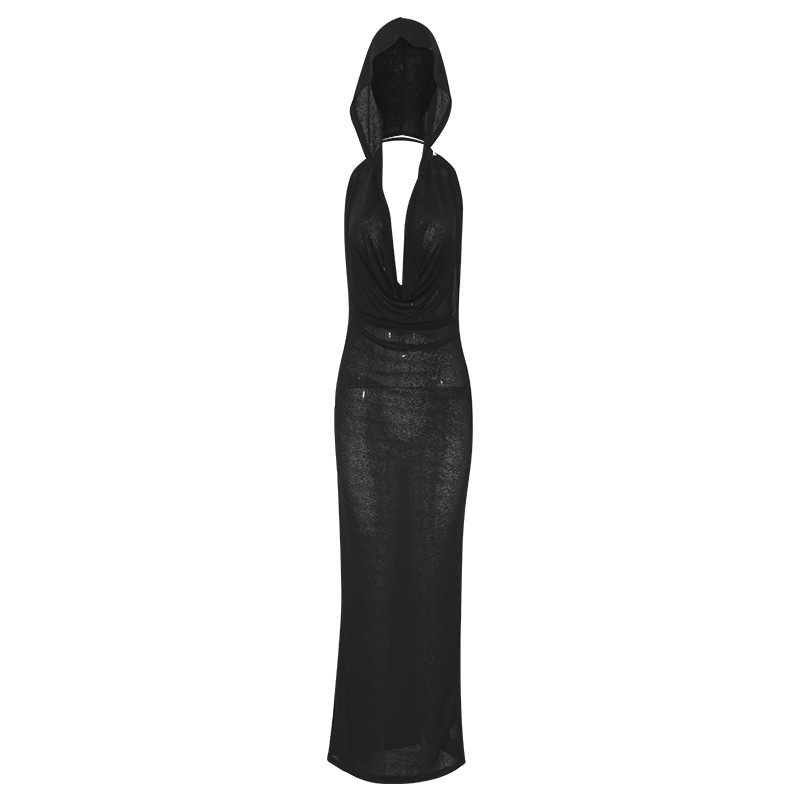A483DS European And American Foreign Trade 2024 Summer New Solid Color Sleevele Hooded Swing Collar Sexy Slim Long_ecoleips.com