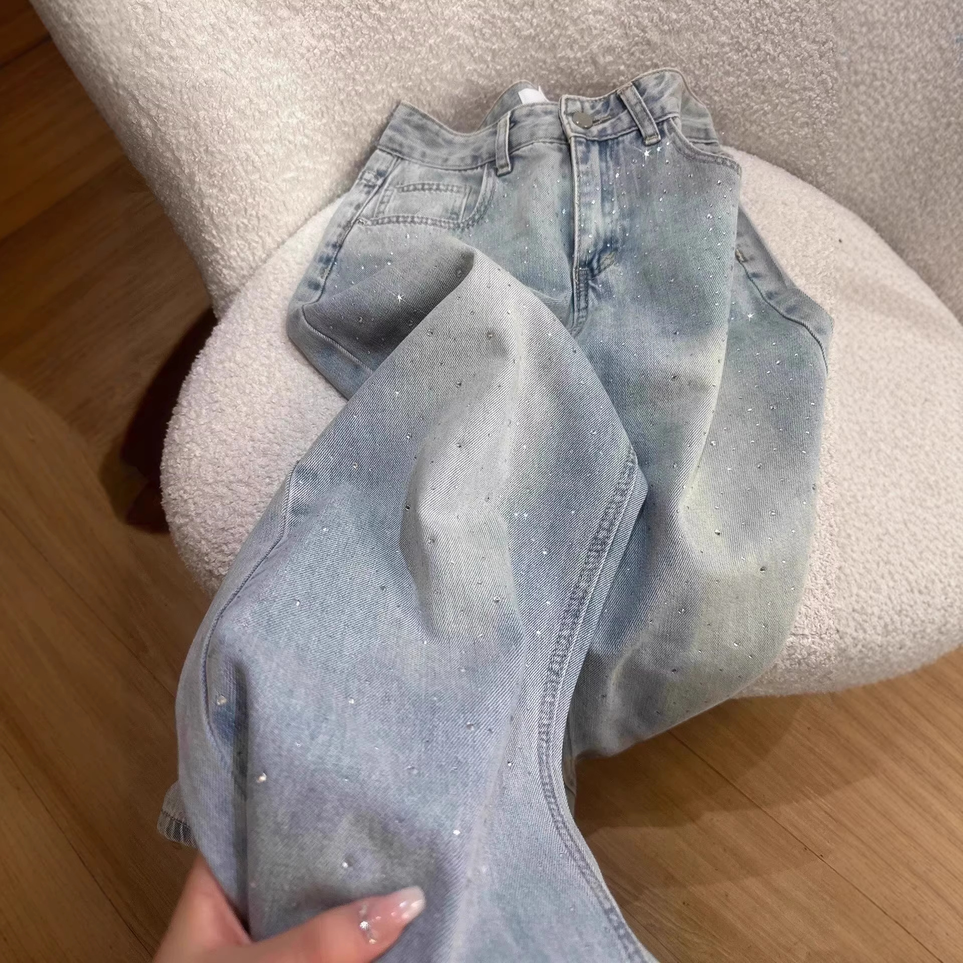 Women's Rhinestone Jeans Straight Leg Winter Loose Fit Flared Pants With Star Embellishments Versatile Wear_voghion.com