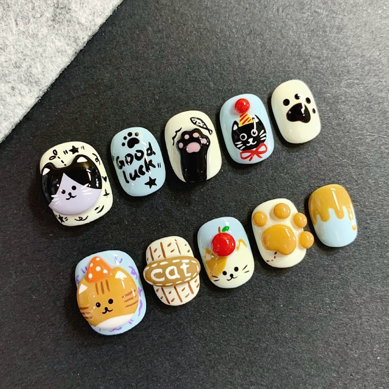 3D Cute Little Cat Wearing Nails Gilded 3D Cartoon Childlike Nail Art Stickers Xiaohongshu Popular 30 Pieces