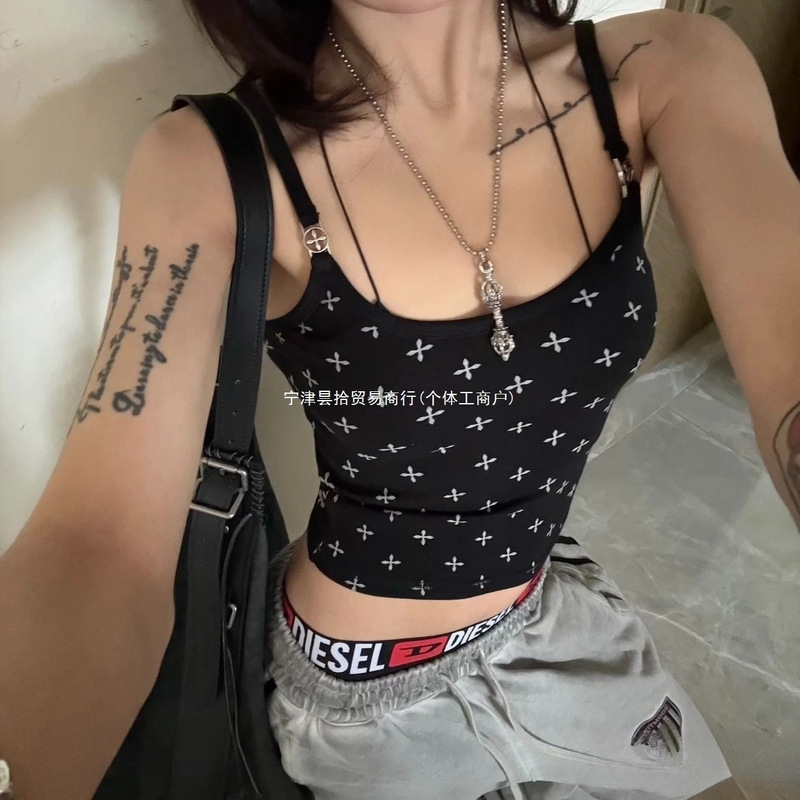 High-End Smfk Black Garden Sports Camisole with Cross Floral Print, Slim-Fit Short Tank Top, New Summer Style for Women