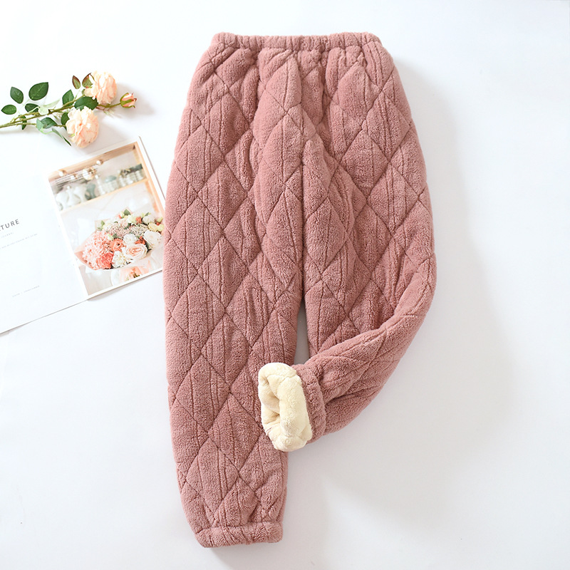 solid color pajama pants lady couple three-layer quilted thickened men‘s plus size flannel casual thickening warm home pants