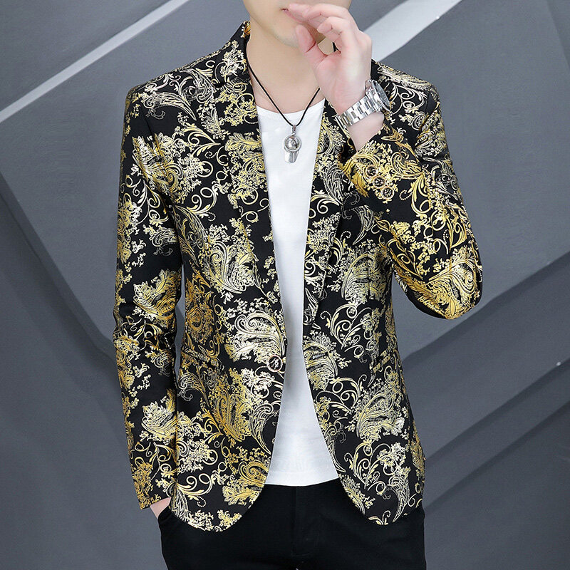 Trendy Printed Casual Suit Men's Spring Korean Style Bronzing Small Suit Jacket Men's Distinctive Slim-fit Spring and Autumn Top
