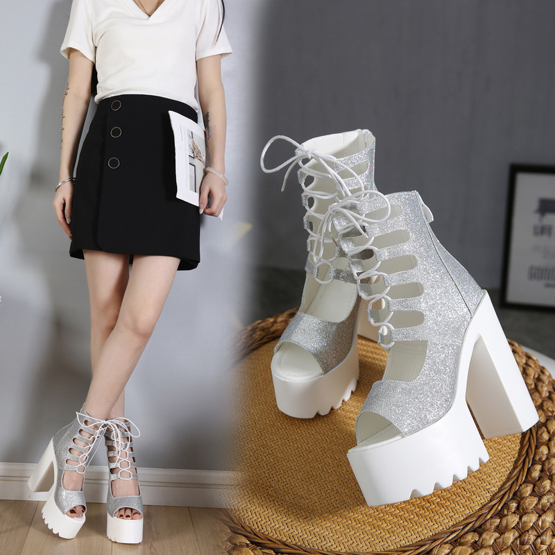 2026 New Model Foreign Trade Lace-Up Hollow-Out Chunky Heel Platform High Heels for Women, Nightclub Performance Stage Roman Sandals for Women