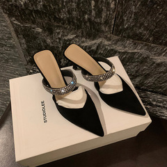 葡萄媽studiolee 法式優雅尖頭涼鞋鑽帶一腳蹬粗跟半拖鞋女春夏