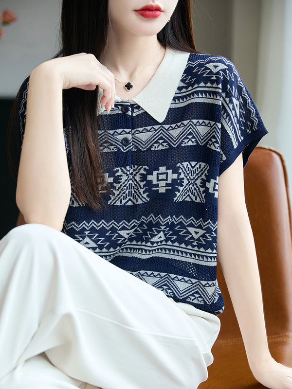 夏季薄款polo衫t恤女新款莱赛尔天丝针织短袖条纹设计感时尚上衣|undefined