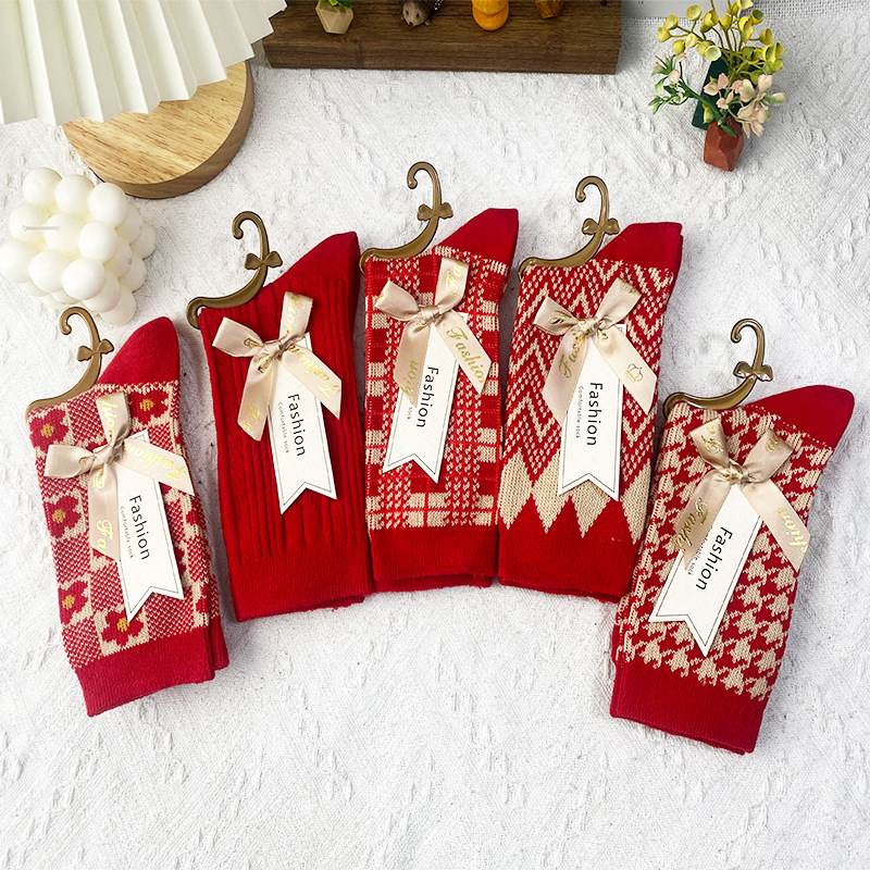 本命年大紅襪子結婚喜事中筒堆堆襪秋冬新款復古雙針雙路純棉批發