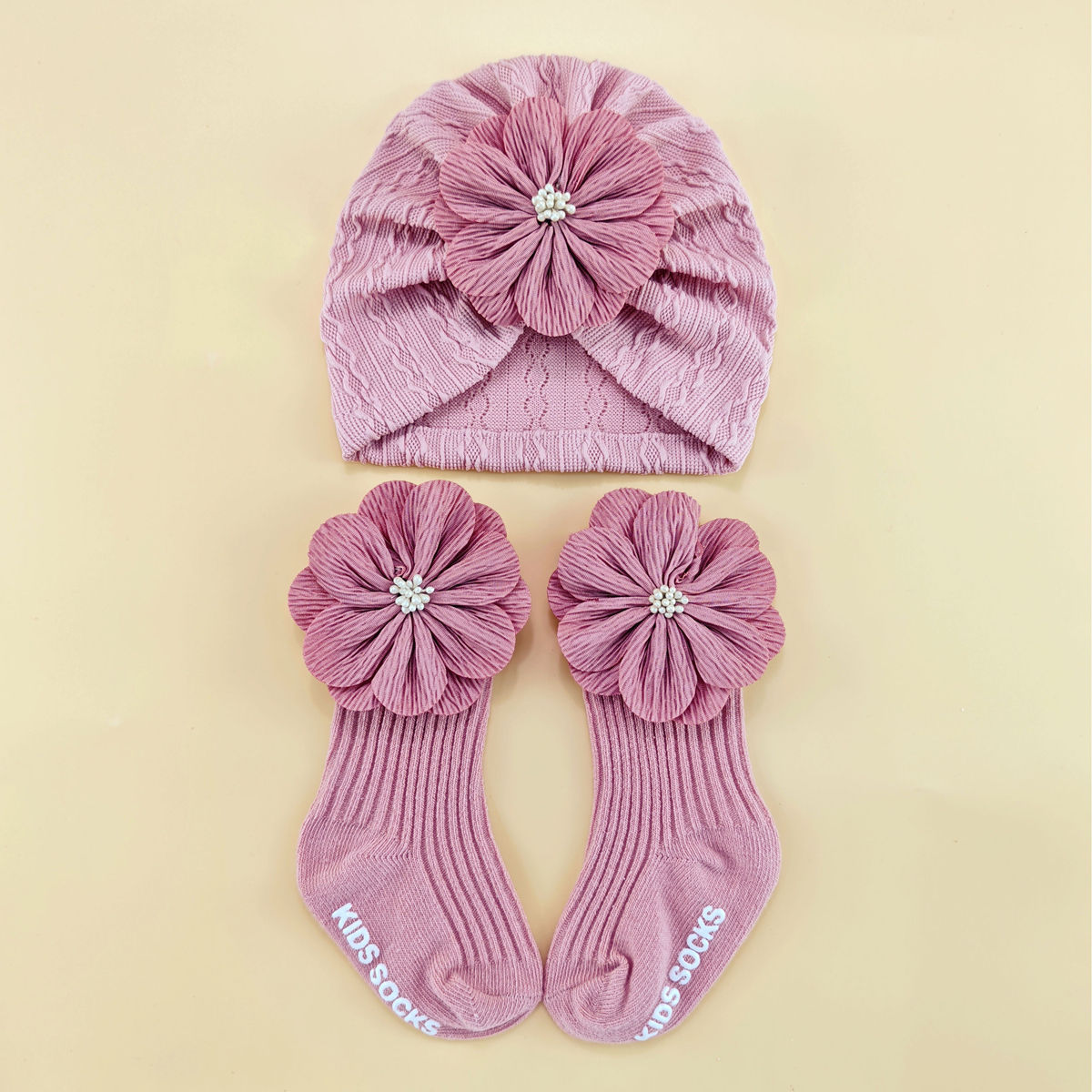 外贸婴儿帽子袜子套装新生儿花朵头巾帽套装婴幼儿头饰套装宝宝袜