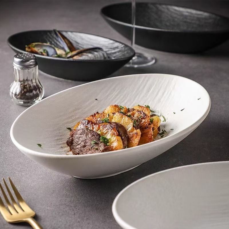 Simple Ceramic Oval Plate Steamed Fish Plate Household Commercial Hotel Tableware Western Food Vegetable Salah Plate