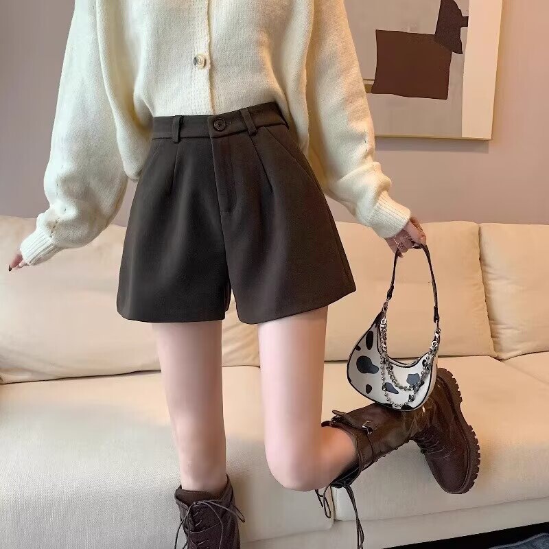 2025 Autumn and Winter Plus Size Straight Casual Shorts Woolen High-Waisted Mid-Length Skirt Slimming High-Waisted Shorts