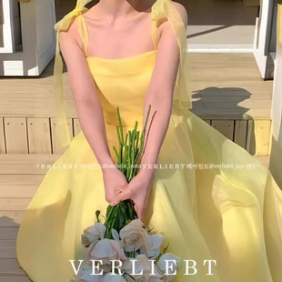 Korean Evening Dress 2025 New Yellow Backless Photo Studio Clothing Sleeveless Daily Wearable Photography Dress
