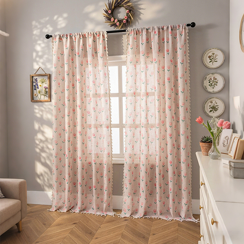 Tende semi-oscuranti floreali in lino e bambù stile rustico_voghion.com