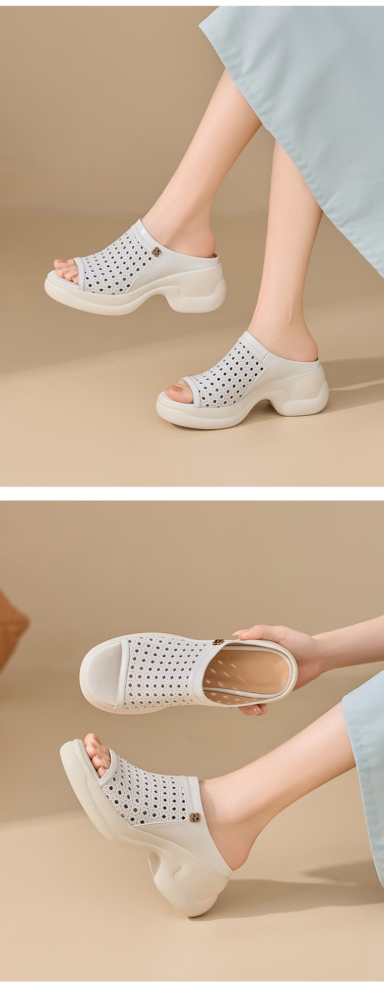 Dép sandal nữ da bò đục lỗ đế bánh xốp dày gót cao nhẹ — màu trắng ngà chi tiết 8