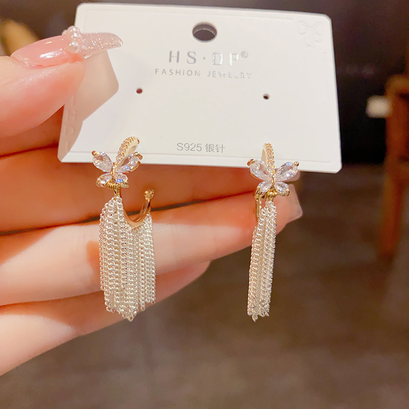 Copper Material Butterfly Pattern 1 Pair Lady Butterfly Tassel Plating Inlay Copper Zircon Drop Earrings