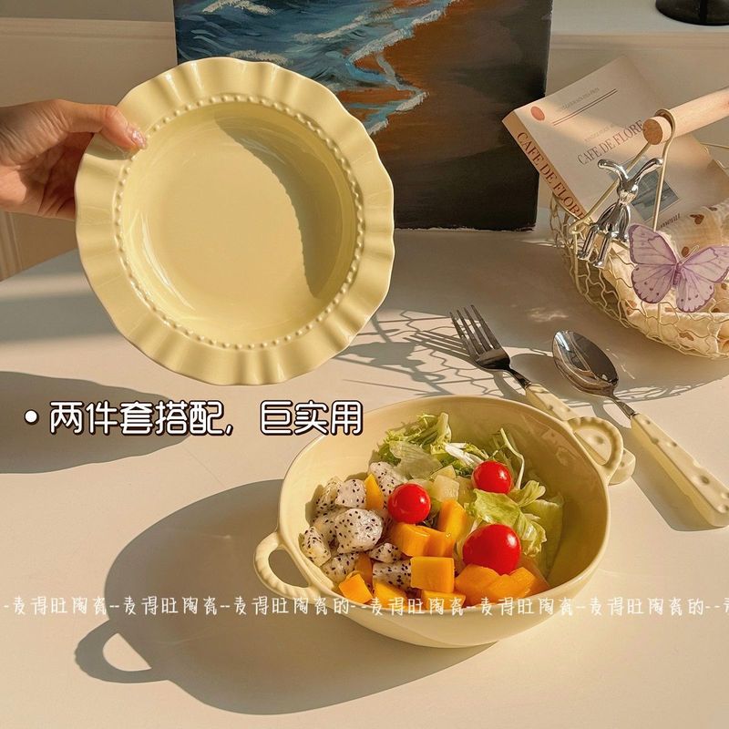 クリームビーズドット洋食プレートインスタイル高級麦わら帽子プレートパスタプレート深皿プレート釉下カラーレストランスタイル|undefined
