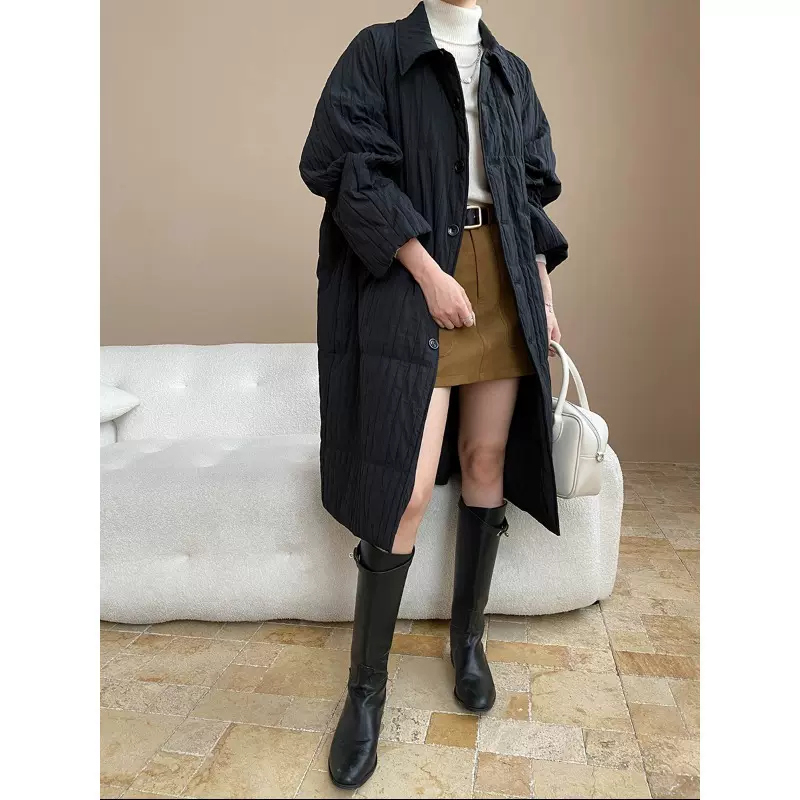 司南质感出行褶皱肌理感翻领宽松竖条衔缝长款保暖棉服外套SN8207