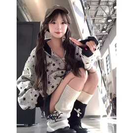 【华棉双帽+复合】星星满印开衫连帽卫衣女2026新款韩版拉链外套