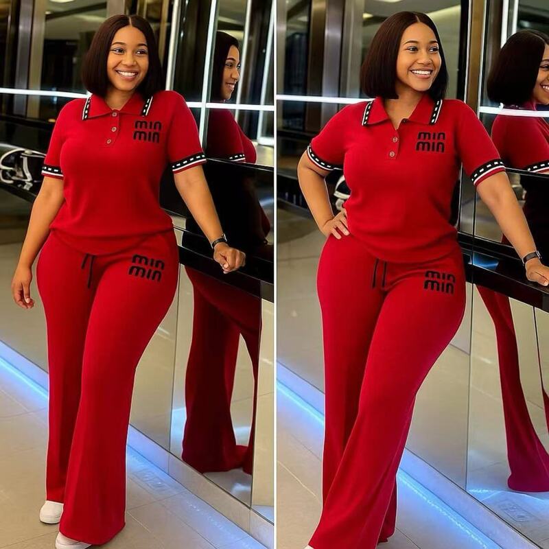 Age-Reducing Polo Collar Knit Set, Summer Letter Embroidery, Contrasting Color Trim, High-Waisted Wide-Leg Pants, Casual Two-Piece Set
