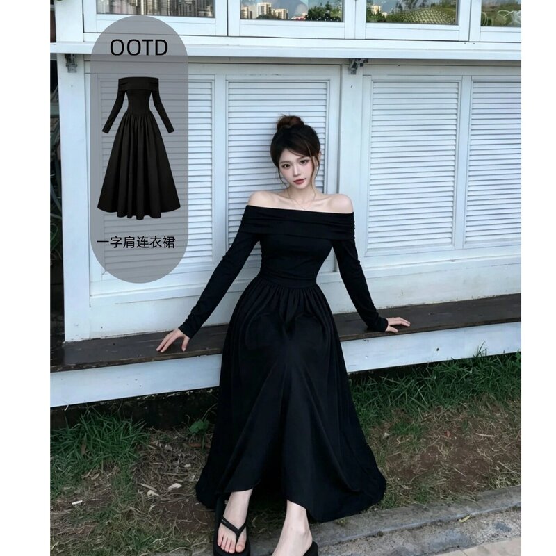 Black off-shoulder long-sleeve dress, long gown, birthday dress for women with a pear-shaped figure, Berkeley Koi dress for autumn Black off-shoulder long-sleeve dress, long gown, birthday dress for women with a pear-shaped figure, Berkeley Koi dress for autumn