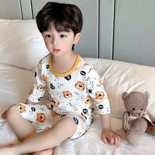 Summer new children's pajamas set boys and girls home clothes three-quarter sleeves air-conditioned clothes for boys and girls, small and medium-sized children