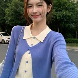 撞色假两件领长袖针织衫女秋季新款温柔软糯气质修身显瘦上衣休闲