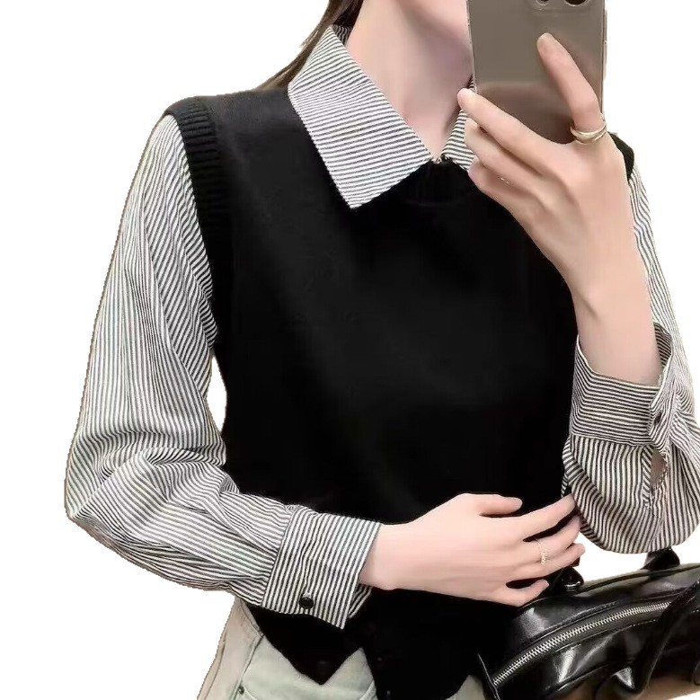 女式设计感格子条纹衬衫25早春新款衬衣polo衫长袖法式独特上衣潮|undefined